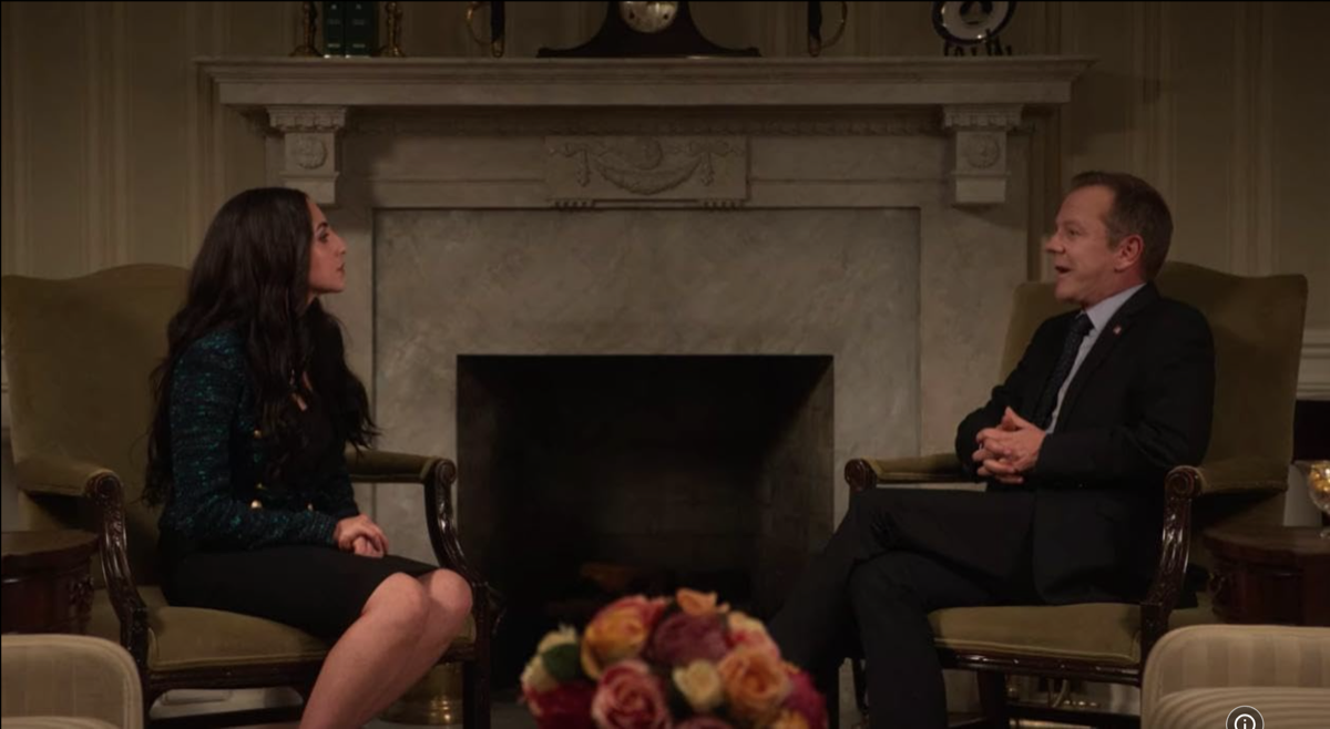 Parmiss Sehat with Kiefer Sutherland on set of Designated Survivor — seated in a formal room.